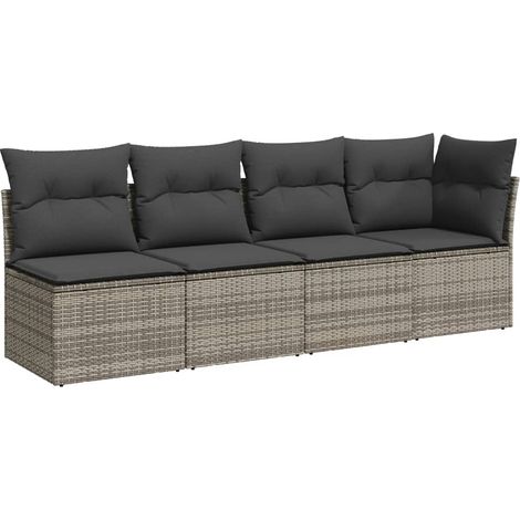 Canapé de jardin 4 places avec coussins gris résine tressée (1/5)
