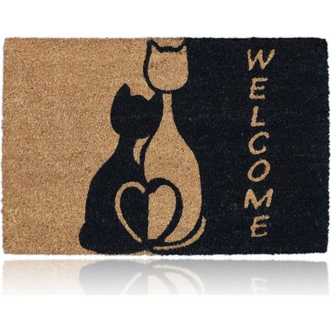 Relaxdays Felpudo Fibras de Coco, 60x40cm, Alfombrilla Puerta, Gatos Románticos, Antideslizante, marrón claro y Negro (1/5)