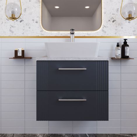 Nuie Deco Satin Soft Black 600mm Wall Hung 2 Drawer Vanity Unit with Bellato Grey Worktop - DPF1493LBG (1/5)