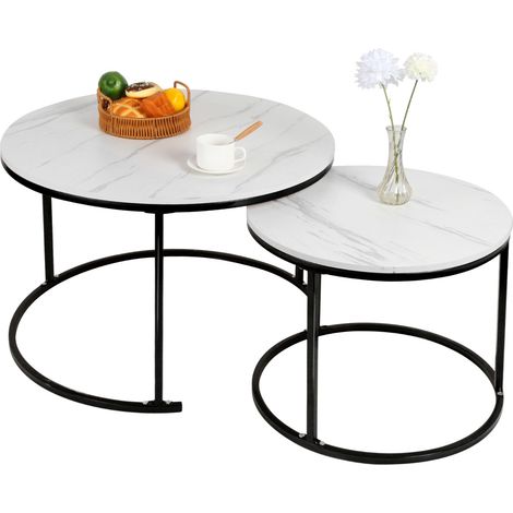 Tavolino da divano impilabile in 2 pezzi, set di 2 tavolini laterali rotondi impilabili, tavolino da caffè, tavolino da caffè, 70 x 70 x 45 cm, bianco e nero (1/5)