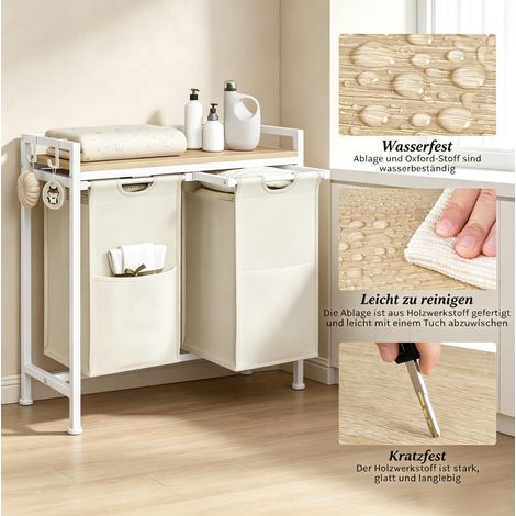 Mueble para ropa sucia 70x30x71 cm metal y madera blanco/roble claro, 2 bolsas - MEUBLIV (1/5)