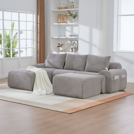 Canapé modulaire 3 places velours côtelé gris clair avec 2 poufs, porte-gobelets et rangements latéraux (1/5)