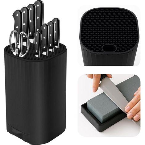 Messerblock 4-in-1 mit Schleifstein, Universal Messerhalter für Küchenmesser & Schere, Schwarz (1/4)