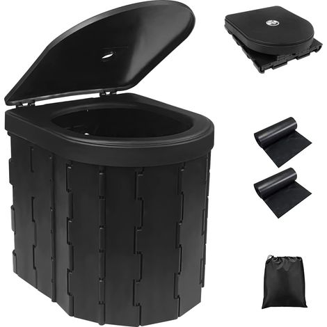 Toilette Portable Noir, WC Camping Pliables, Seau Hygiénique avec 2 Rouleaux Sacs deToilette, pour Camping Charge Max 150 kg pour Pêche, Randonnée, Rmbouteillages (1/4)