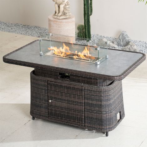 Abrihome Height-Adjustable Rattan Fire Pit Table – 130x75cm Gas Garden Heater with Tempered Glass Top, Brown
