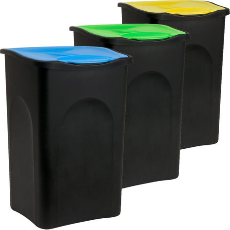DEUBA® Set of 3 x 50 L Kitchen Bins  Multi-Coloured Hinge Lids  Recycling  Rubbish  Paper  Waste Separation System  56cm x 37 cm x 39cm (1/5)