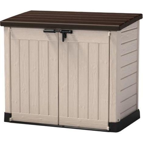 Keter – Coffre de jardin en résine 1200L – Couleur beige et marron – Dimensions L 145,5 x P 82 x H 125 cm – Pour rangement extérieur de vélos et poubelles (1/2)