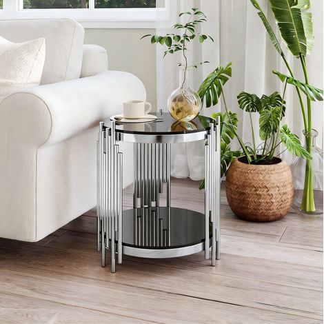 Tavolino da salotto rotondo 45 cm nero e argento in acciaio inox e vetro temperato a 2 ripiani (1/5)
