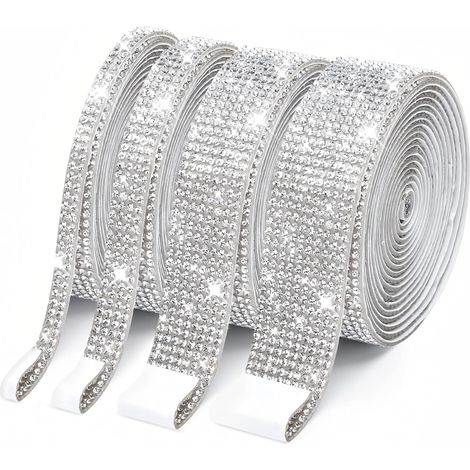 Ruban Strass Autocollant - Lot de 4 Rouleaux - Cristal Argenté - Décoration Adhésive - DIY Mariage Voiture - Largeurs Variées (1/5)