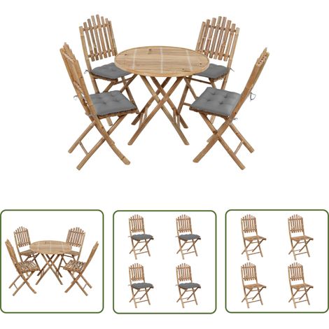 The Living Store Ensemble à manger d'extérieur pliable 5pcs avec coussins Bambou - Salon De Jardin - Mobilier De Jardin - Set De Table Extérieur - Table Et Chaises Pliantes - Meubles En Bambou (1/5)