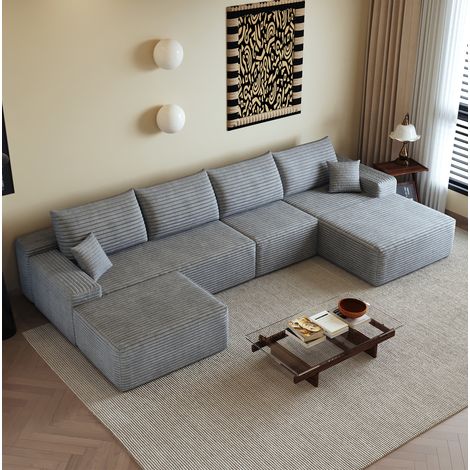 Canapé d’angle modulable 270/175/83 cm gris en velours côtelé, avec chaise longue réversible et sans montage (1/5)