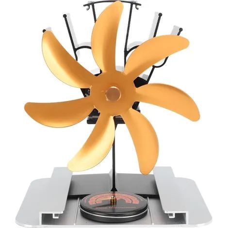 Ventilateur de poêle à bois à 7 pales, alimenté par la chaleur, avec plaque d'isolation thermique, thermomètre et fonctionnement silencieux. Modèle vertical doré. (1/3)