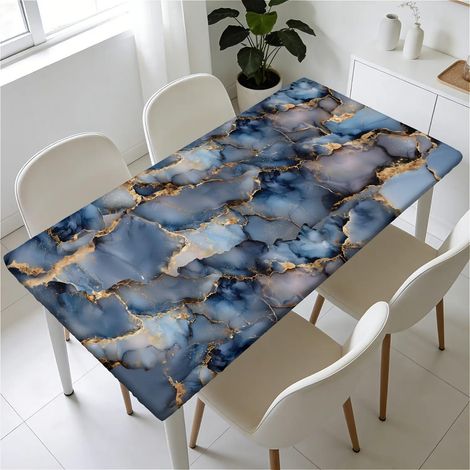 Housse de table élastique 160x90 cm, lavable, imperméable, marbre bleu