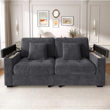 Divano 2 posti 180 cm con vani nei braccioli, tessuto chenille, grigio scuro DESVIAE (1/5)
