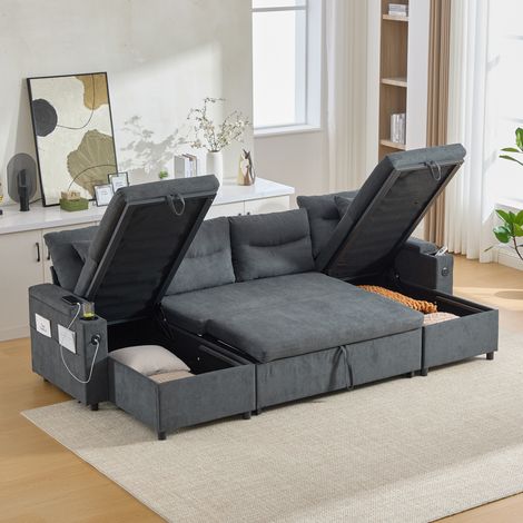 Sofá cama esquinero de 4 plazas con chaise longue doble, espacio de almacenamiento, portavasos, puerto USB tipo C, tapizado en lino gris (1/5)