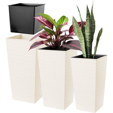 Lot de 3 Pots de Fleurs Hauts - Crème - Résine Durables - Drainage Optimisé - Intérieur et Extérieur - H 36 à 57,5 cm (1/5)