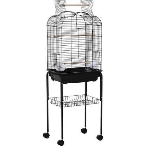 Cage volière oiseaux sur roulettes, toit ouvrant, 3 perchoirs, étagère inférieure, noir, 46x36x130 cm (1/5)