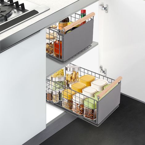Tiroir coulissant extensible sans perçage – Lot de 2, en acier carbone et bois, glissières doubles, charge 15 kg – Pour cuisine et rangement-gris