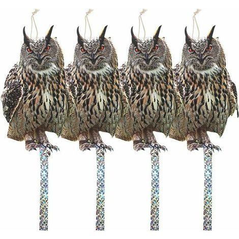 Vogelscheuche mit Anti-Tauben-Abwehrstreifen, Katzenabwehr für Vögel im Freien, Vogelscheuche, hält Tauben, Krähen von Balkonen, Terrassen, Fenstern fern, Set mit 4 Eulen
