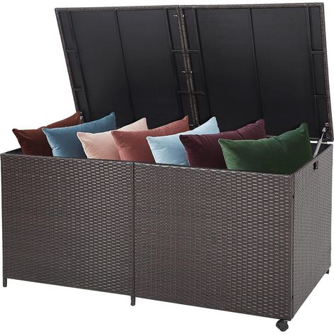 Goplus – Coffre de jardin en rotin PE 150x77x73cm – Capacité 662L – Doublure à glissière – 2 roues pour déplacement facile – Table basse avec couvercle (1/5)