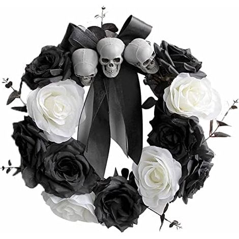 Couronne fleurs artificielles Halloween avec tête effrayante, guirlande florale gothique pour porte, mur, jardin et maison hantée (1/5)