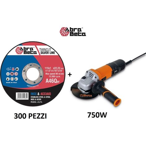 ABRA BETA AB000300300 Kit professionale con 300 dischi da taglio 115x1 mm e smerigliatrice angolare 750 W 11.000 giri-min M14 colore Nero (1/5)