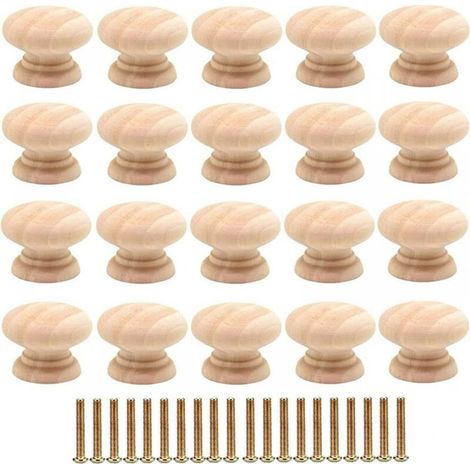 20pcs Poignée de tiroir ronde Poignée de meuble en bois de 35 mm, table de chevet d'armoire à tiroir de style simple, petite poignée à trou unique pour porte d'armoire avec vis (1/4)