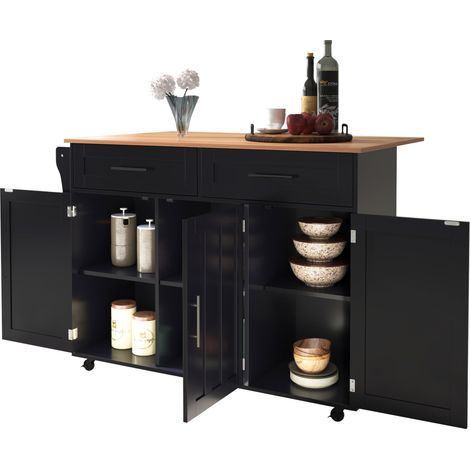 Îlot central de cuisine extensible Noir, desserte, avec 2 tiroirs, plan de travail, sur roulettes, 129x46x91.5cm (1/5)