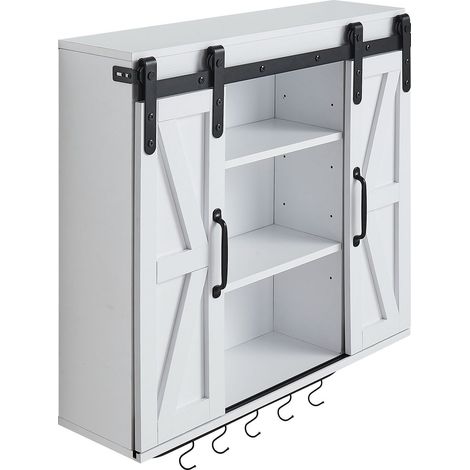 Badezimmer-Wandschrank weiß mit 2 Schiebetüren, verstellbarem Einlegeboden und Handtuchstange, für Stauraum über dem WC, 78 cm breit (1/5)