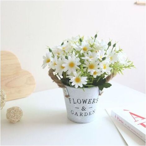 Fleurs Artificiels Interieur 1 pcs, Fleurs Artificielles avec Pot en Métal Artificielle Plante Decoration pour Mariage Extérieur Bureau Table Jardin Nouveau Cadeau de Maison, Marguerite(blanc),--TRIME (1/5)
