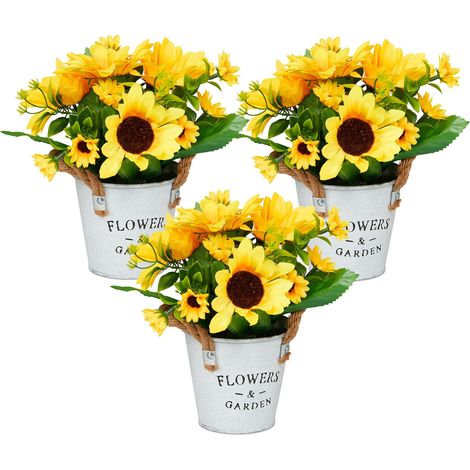 Relaxdays Fiori Finti, 3 Mazzi in Vaso di Girasoli Artificiali, Pianta Decorativa in Plastica, Composizione Centrotavola