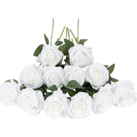 12 roses artificielles Blanc, 20 pouces de longues tiges réalistes, pour mariage, maison, jardin, fêtes, hôtels, décoration (1/5)