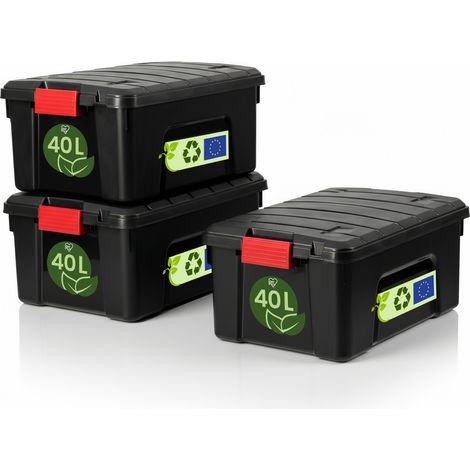 Iris Ohyama, strapazierfähige Kunststoff-Aufbewahrungsbox, 40L, 3er-Set, schwarz, SIA-40