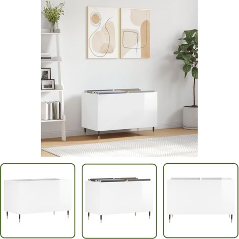 The Living Store Armoire à disques blanc brillant 74,5x38x48cm bois d'ingénierie - Meuble À Disques - Armoire À Vinyle - Rangement Disque Vinyle - Étagère Musique - Support Vinyle (1/5)
