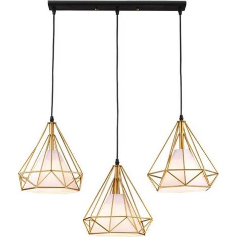 Suspension industrielle rétro luminaire lustre abat-jour filaire lampe cage forme diamant doré pour chambre salon cuisine bar - 3 lampe support barre (1/4)