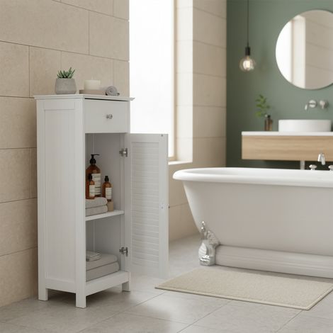 Meuble de Salle de Bain, Placard Étroit, Armoire de Rangement, Petite Armoire, avec Tiroir, Porte à Persiennes, pour Salle de Bain, Salon, Chambre, Blanc (1/5)
