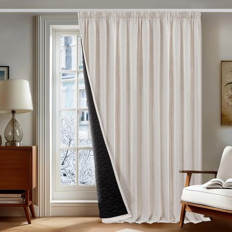 Blackout Curtains with Ruched Strip Linen Look Thermal Blackout Curtains for Living Room and Bedroom Cold Protection 1 Piece 300 L x 245 H cm (1 Panel) Linen (1/5)