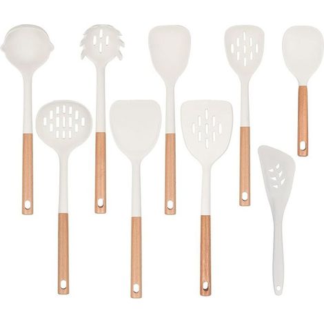 9 pièces, ustensiles cuisine en silicone avec manches en bois, cuillère spatule louche, kit complet pour cuisine française (1/5)