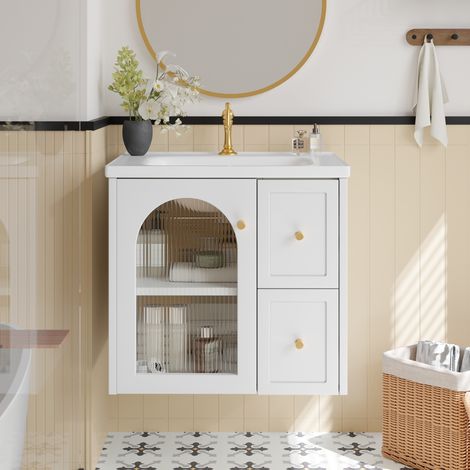 Meuble lave-mains suspendu MDF blanc 60,5x47,5x57 cm avec vasque céramique, LED intégrée et fermeture douce (1/5)