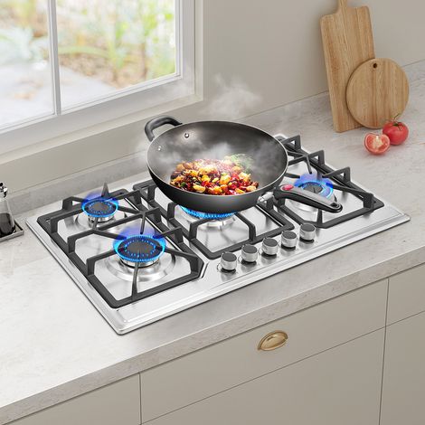 Table de cuisson à gaz 5 brûleurs en acier inoxydable (860 x 510 mm) - Cuisinière à gaz encastrable avec buses GPL, allumage électronique et système de sécurité anti-flamme pour GPL, cuisine professio (1/5)