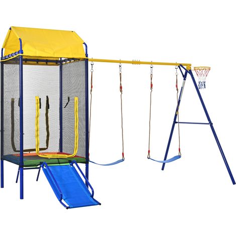 Parque infantil 4 en 1 con cama elástica, columpio doble y tobogán (1/5)