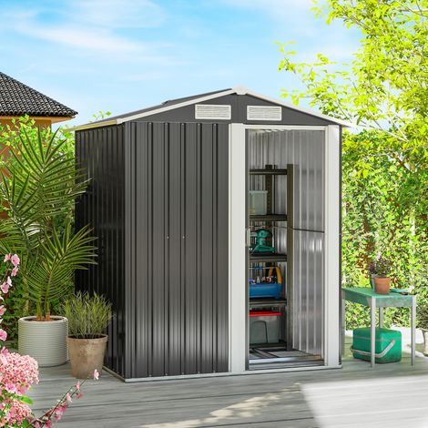 Abri de jardin acier galvanisé 1,7 m² - 152x132x188 cm - toit pente - 4 aérations - porte coulissante - kit fondation - gris foncé