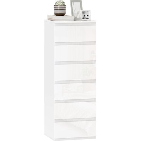 Commode 6 tiroirs à haute brillance, meuble de rangement étroit sans poignées, 40 x 35 x 109 cm, blanc
