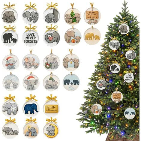 Calendrier de l'Avent avec ornements de Noël, assiette en acrylique collectionnable, calendrier de l'Avent avec pendentifs éléphant pour adultes, étudiants, adolescents, arbre, fenêtre, mur, clôture,  (1/5)