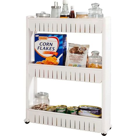 Étagère de rangement pour chariot de cuisine coulissant mince organisateur armoires murales mobiles support de tour support sur roues 3 niveaux, blanc/rangement de garde-manger roulant (1/5)