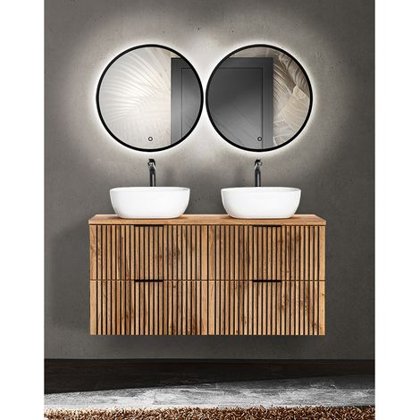 Badmöbel Set Doppelwaschtisch, 2 LED Spiegel mit Touch Bedienung XANTEN-56 in anthrazit mit Eiche Nb. Rillen schwarz, B/H/T: ca. 121/200/46,5 cm (1/5)