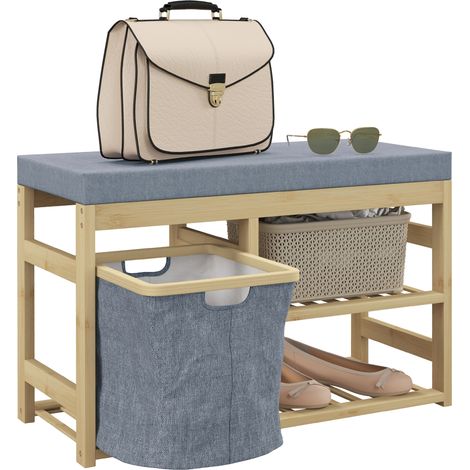 Scarpiera con seduta a cestino removibile e ripiani a giorno per 4 paia di scarpe 69x30x45 cm Naturale