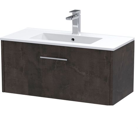 Winshill Contemporary 1 Drawer Wall Hung Vanity Unit with Minimalist Basin, Metallic Slate, 800mm