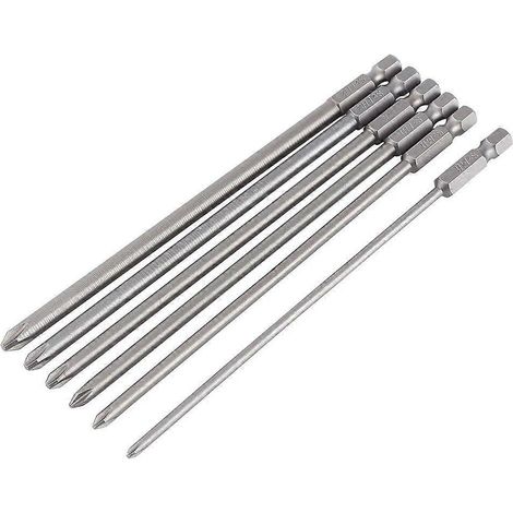 Jeu de 6 embouts de tournevis longs de 150 mm en acier S2 PH1 PH2, tige hexagonale 1/4", avec rallonge magnétique. (1/5)