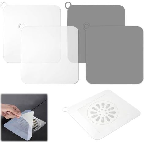 Lot de 4 bouchons de siphon de sol en silicone, bouchon de baignoire 20×20cm, bouchon anti-odeurs, tapis de siphon de sol carré, bouchon universel pour cuisine, salle de bain et buanderie (blanc, gris